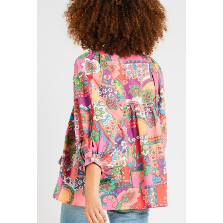 Printed Tie Neck Three-Quarter Sleeve Blouse Floral / S Apparel and Accessories