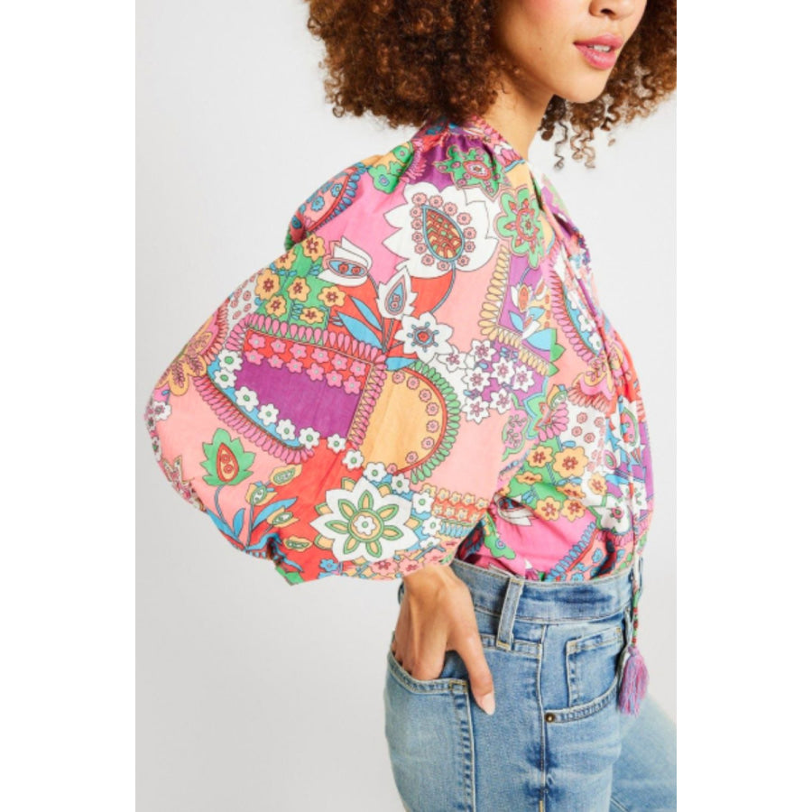 Printed Tie Neck Three-Quarter Sleeve Blouse Apparel and Accessories