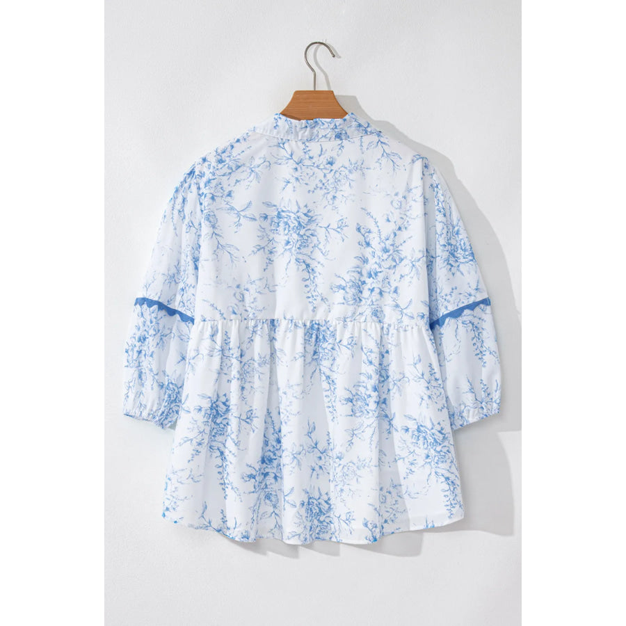 Printed Tie Neck Three-Quarter Sleeve Blouse Apparel and Accessories