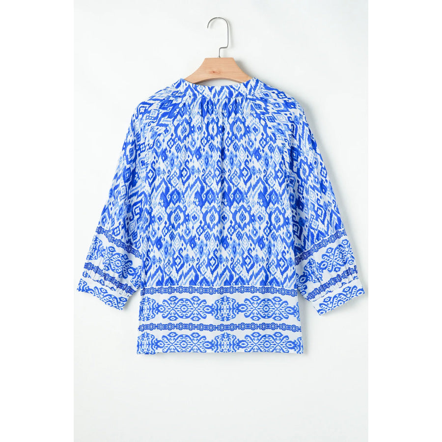 Printed Tie Neck Three-Quarter Sleeve Blouse Apparel and Accessories