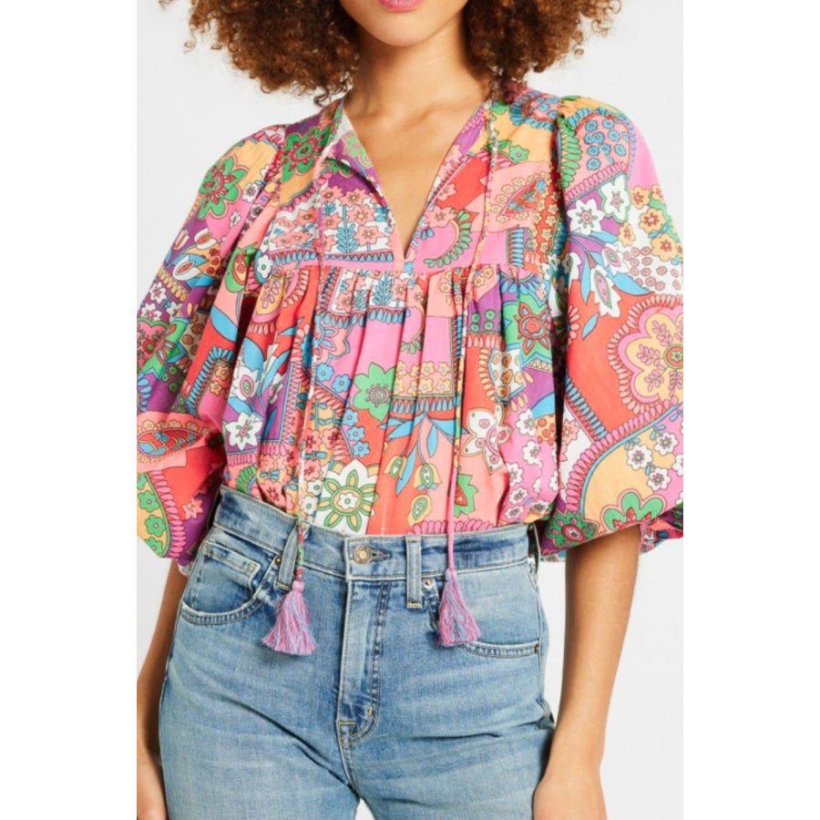 Printed Tie Neck Three-Quarter Sleeve Blouse Floral / S Apparel and Accessories