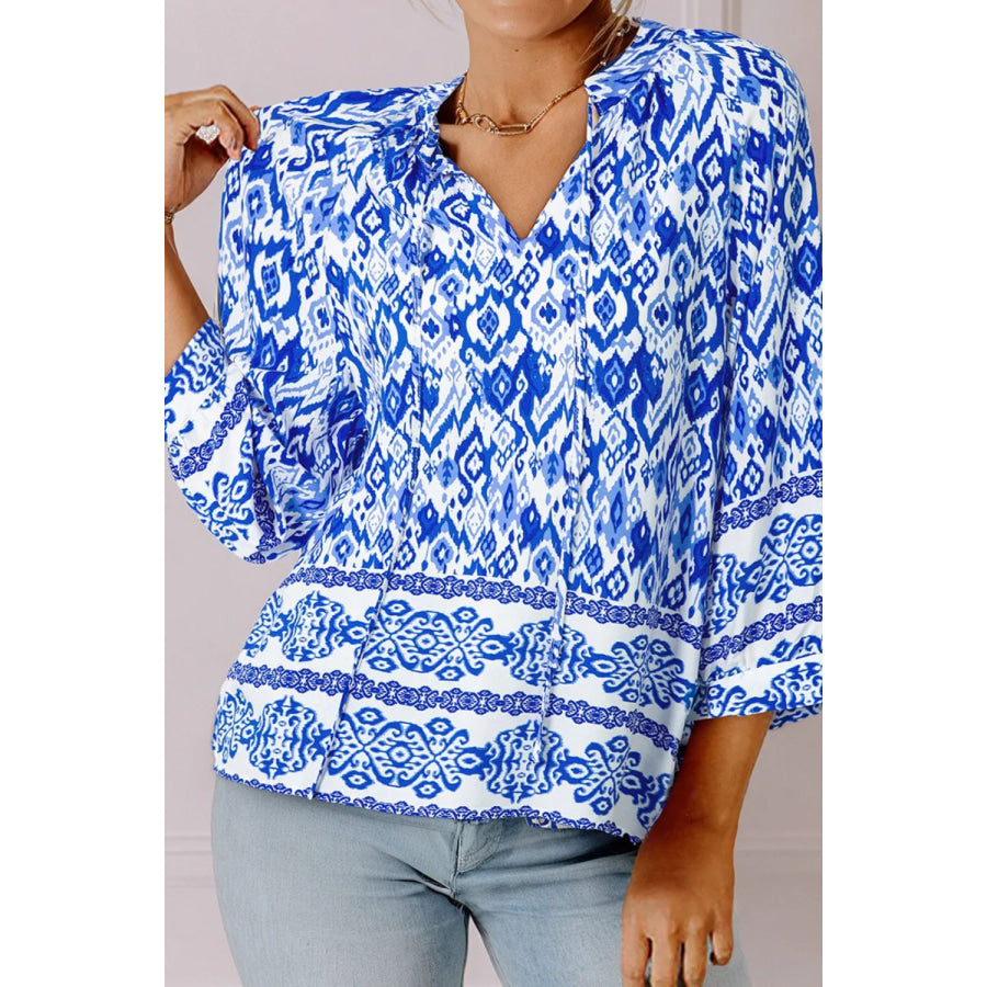 Printed Tie Neck Three-Quarter Sleeve Blouse Royal Blue / S Apparel and Accessories