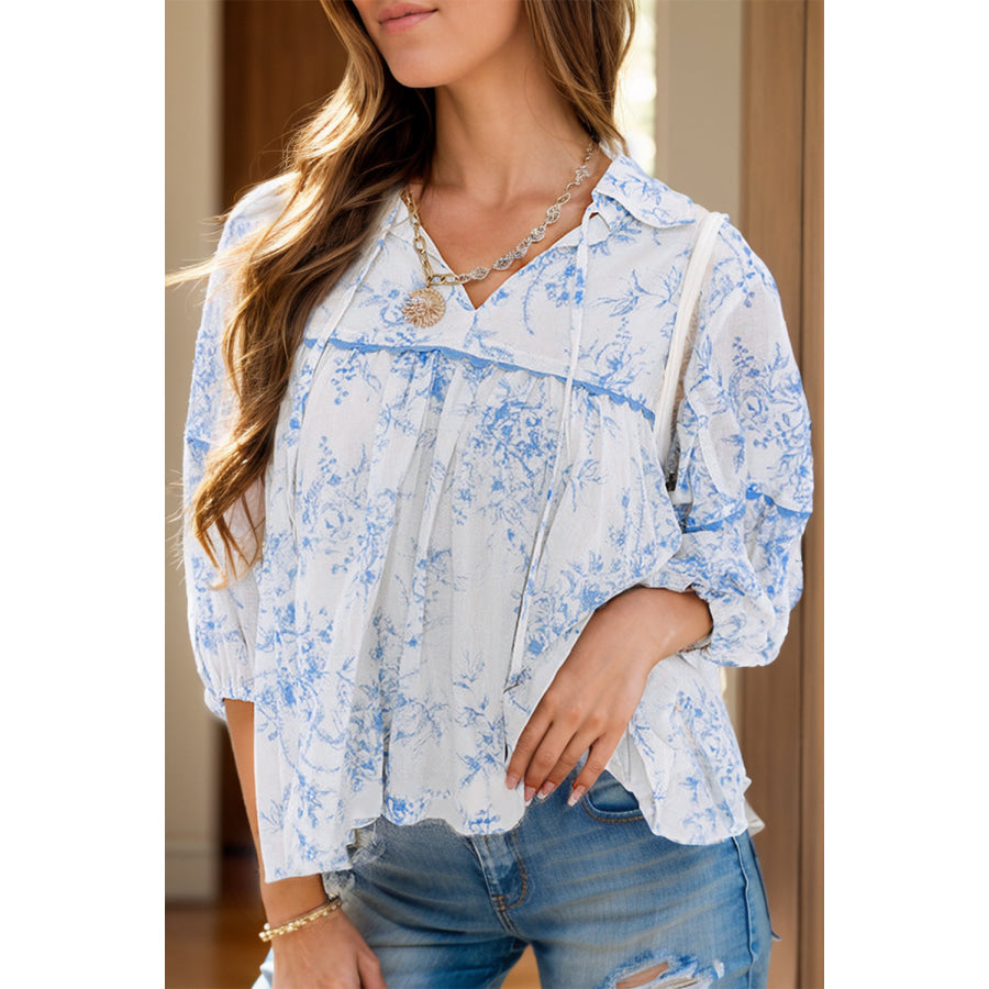 Printed Tie Neck Three-Quarter Sleeve Blouse White / S Apparel and Accessories