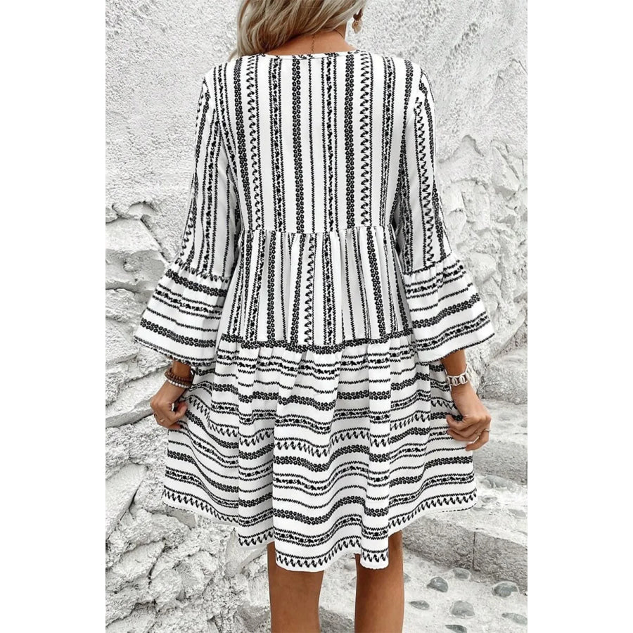 Printed Tie Neck Three-Quarter Sleeve Mini Dress Apparel and Accessories