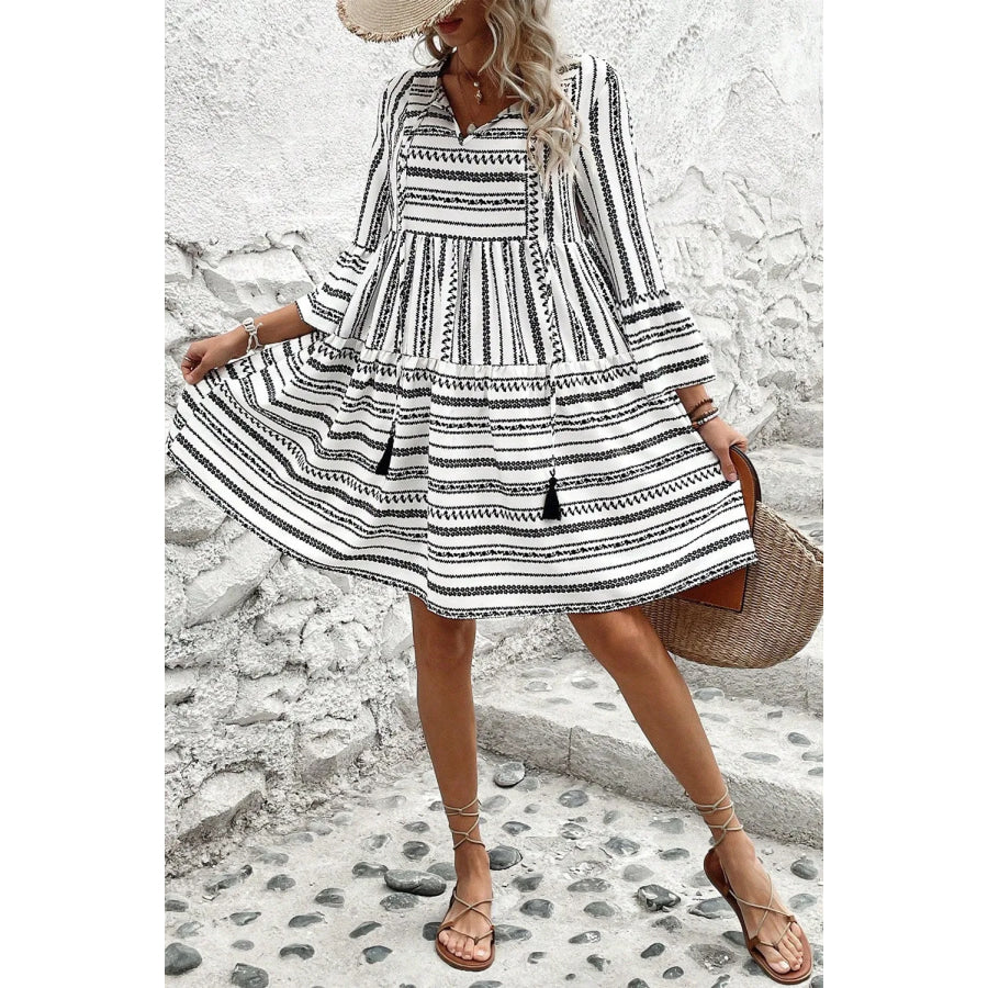 Printed Tie Neck Three-Quarter Sleeve Mini Dress Apparel and Accessories