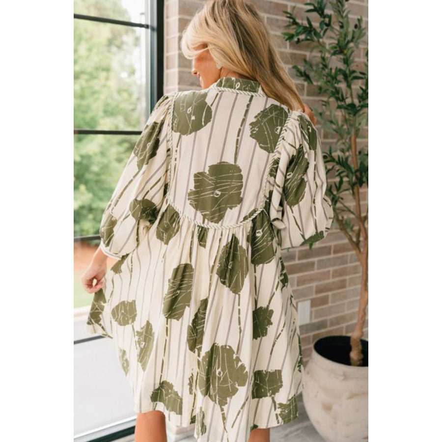 Printed Tie Neck Three-Quarter Sleeve Mini Dress Matcha Green / S Apparel and Accessories