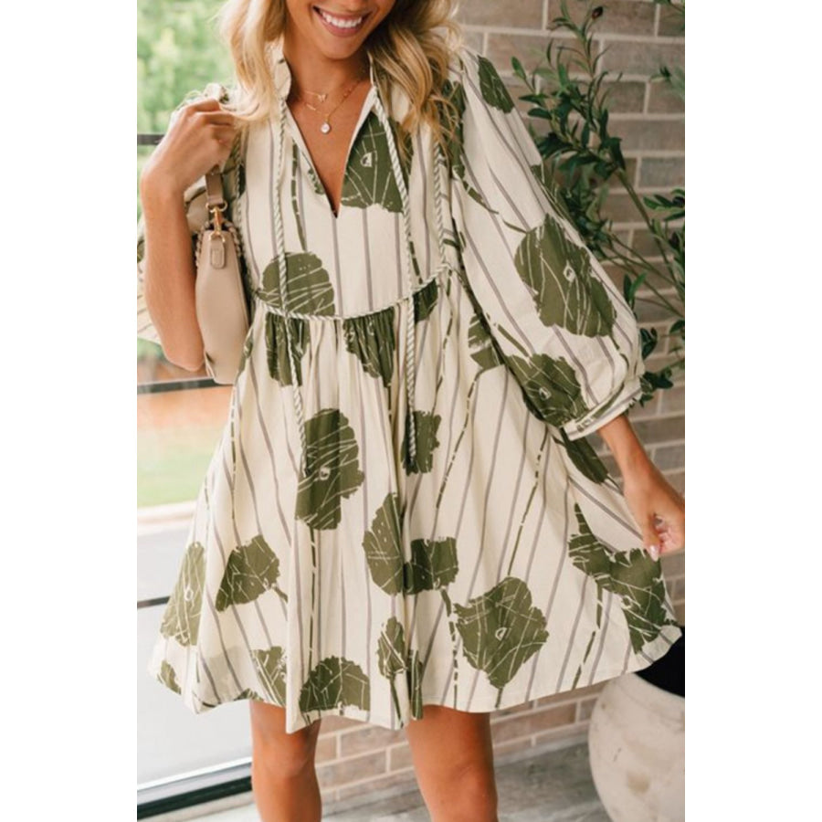 Printed Tie Neck Three-Quarter Sleeve Mini Dress Matcha Green / S Apparel and Accessories