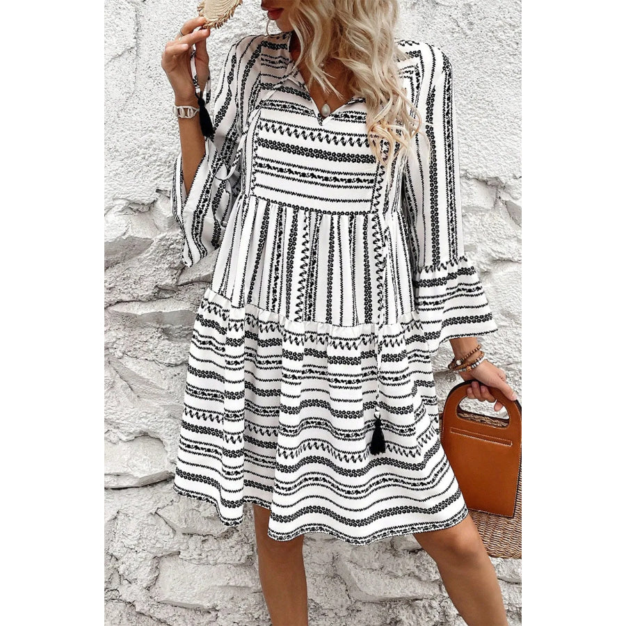 Printed Tie Neck Three-Quarter Sleeve Mini Dress White / S Apparel and Accessories