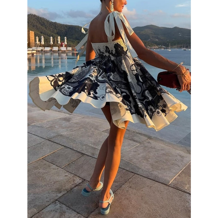 Printed Tie Shoulder Mini Dress Black / S Apparel and Accessories