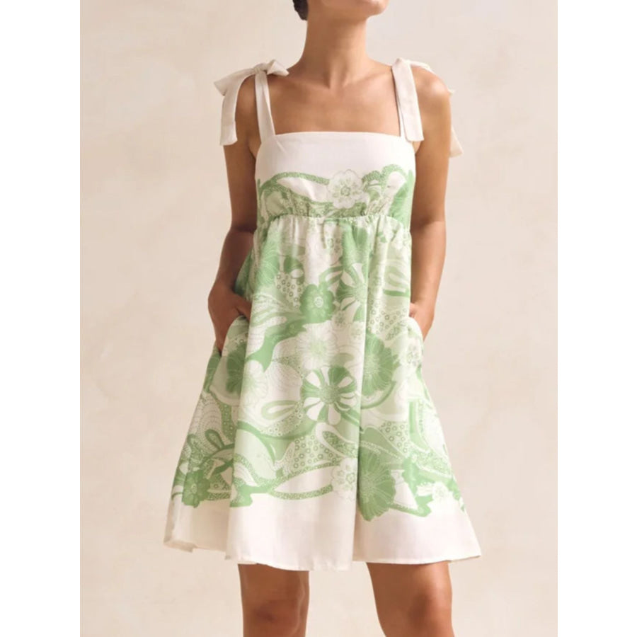 Printed Tie Shoulder Mini Dress Apparel and Accessories