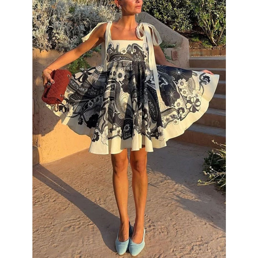 Printed Tie Shoulder Mini Dress Black / S Apparel and Accessories