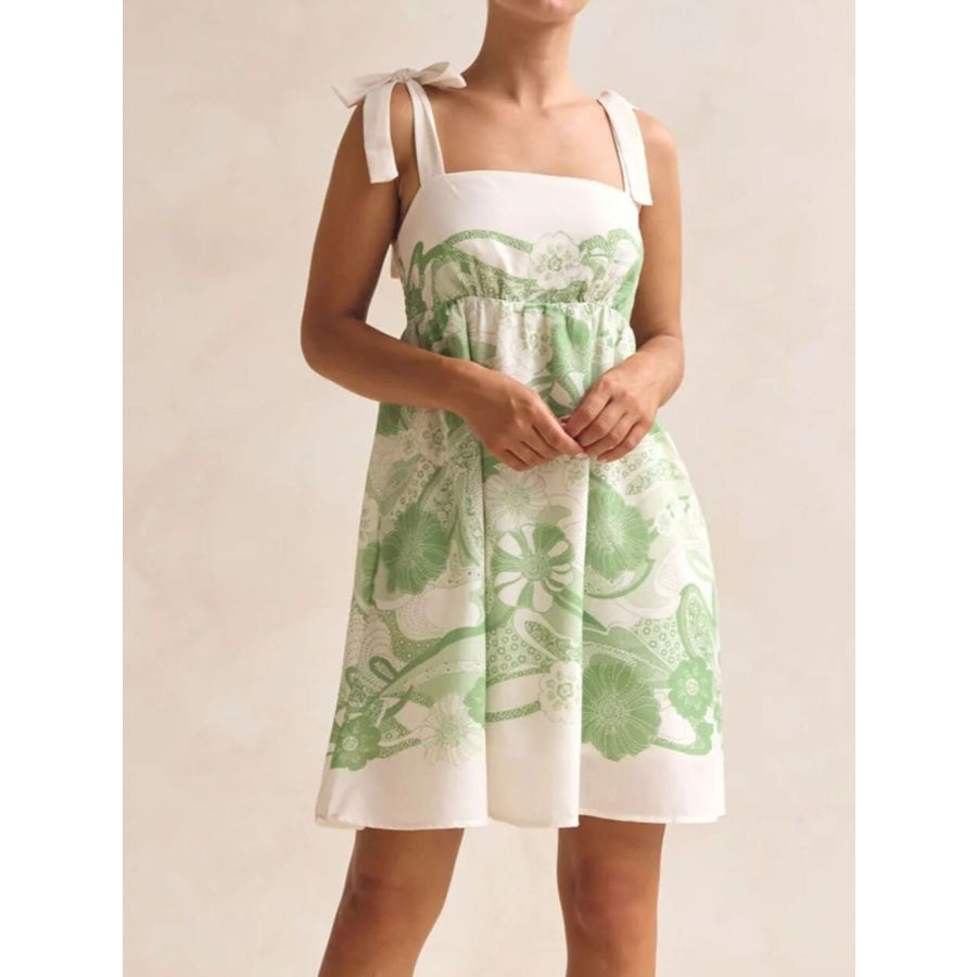 Printed Tie Shoulder Mini Dress Green / S Apparel and Accessories