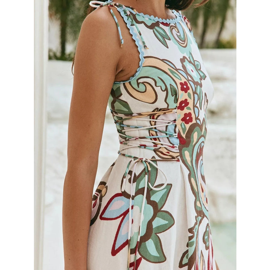 Printed Tie Shoulder Sleeveless Midi Dress Apparel and Accessories