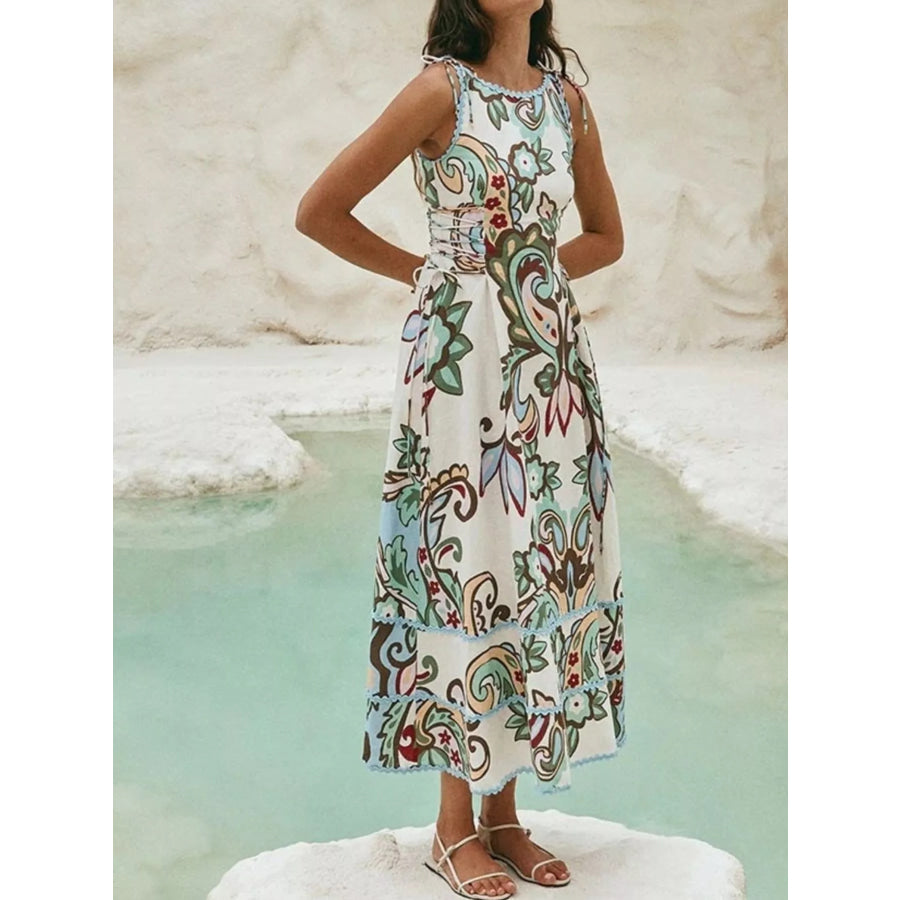 Printed Tie Shoulder Sleeveless Midi Dress Apparel and Accessories