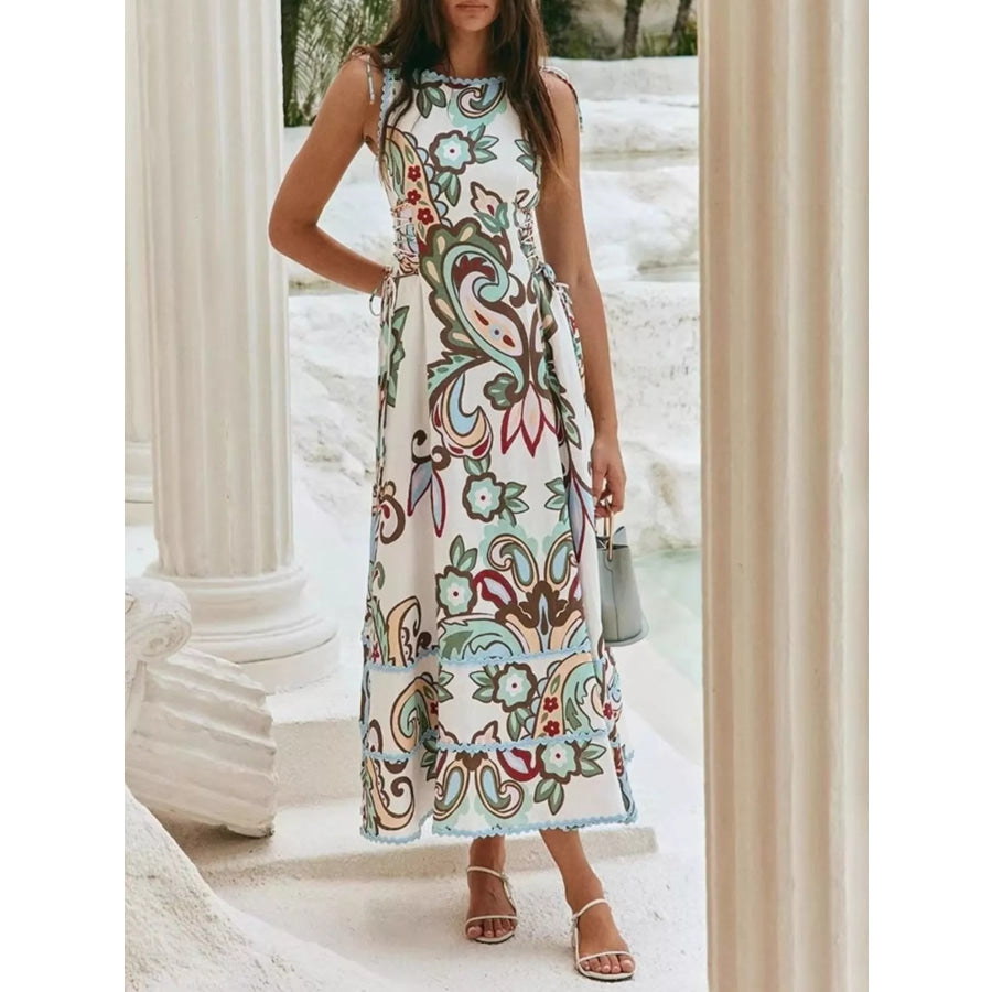 Printed Tie Shoulder Sleeveless Midi Dress Floral / S Apparel and Accessories