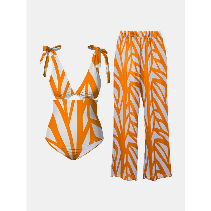 Printed Tie Shoulder Swimwear and Pants Swim Set Tangerine / S Apparel and Accessories