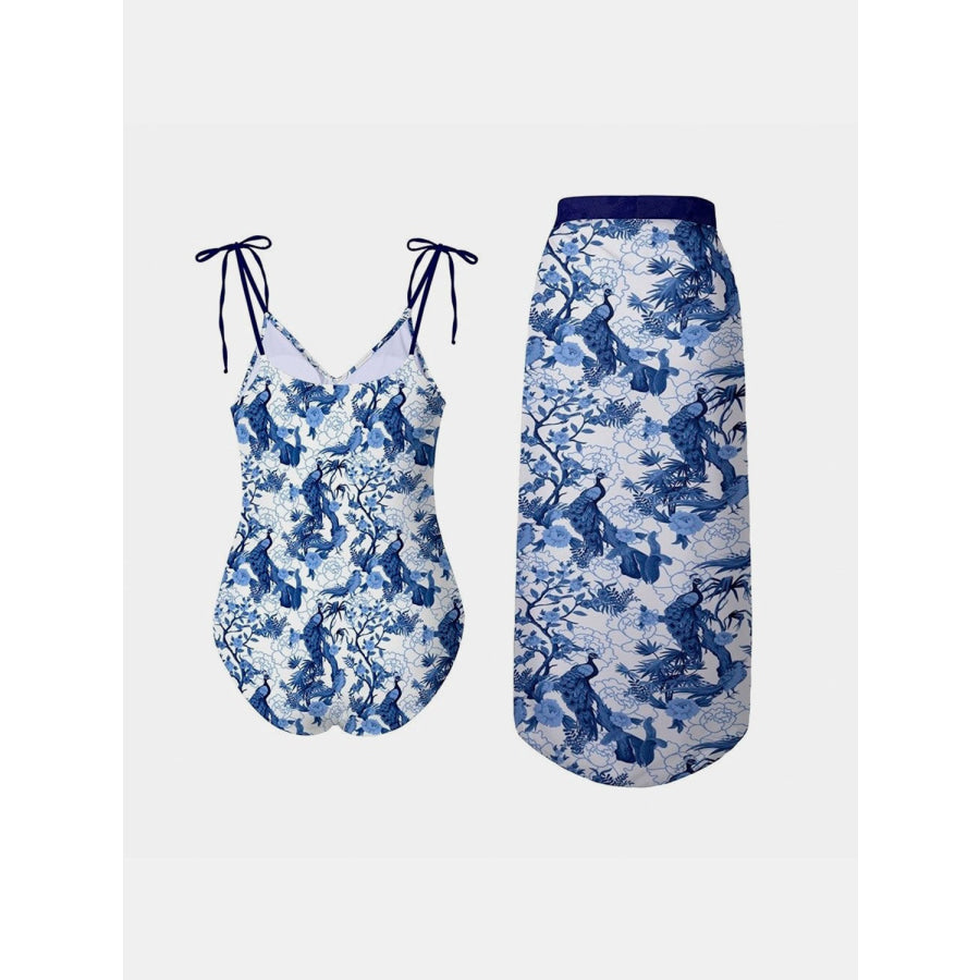 Printed Tie Shoulder Swimwear and Skirt Swim Set Apparel Accessories
