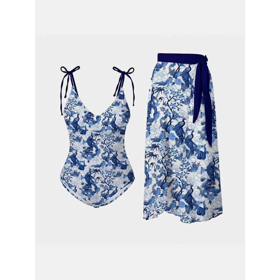 Printed Tie Shoulder Swimwear and Skirt Swim Set Dusty Blue / S Apparel Accessories