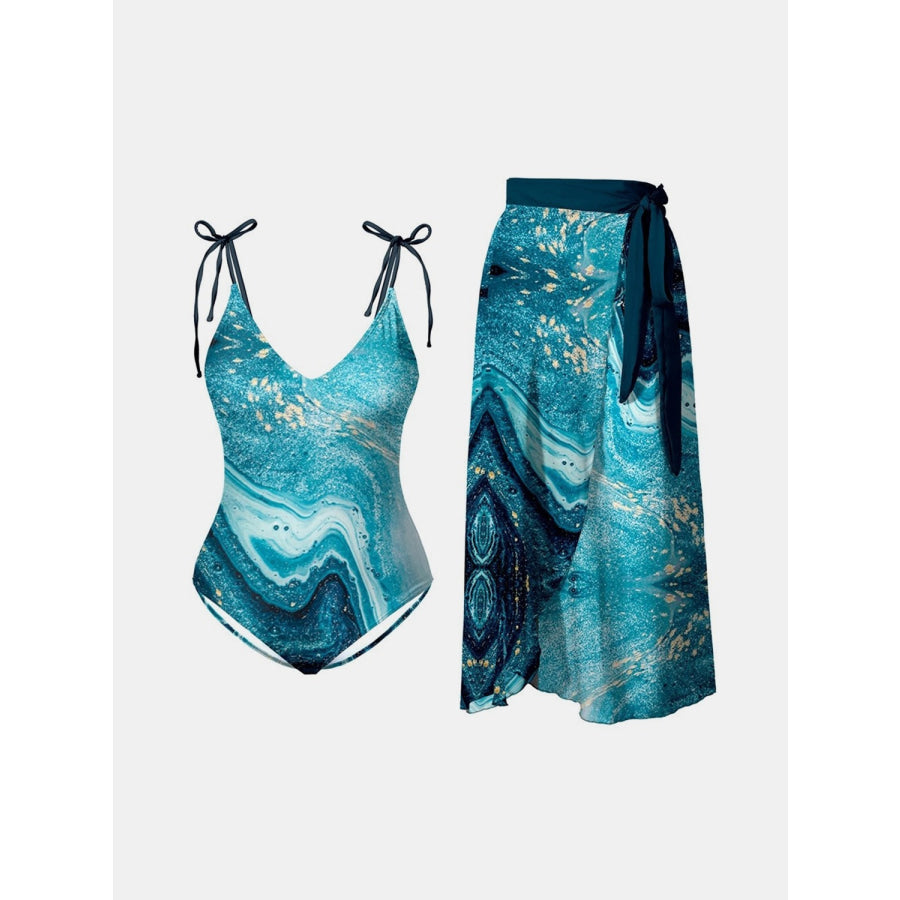 Printed Tie Shoulder Swimwear and Skirt Swim Set Turquoise / S Apparel Accessories