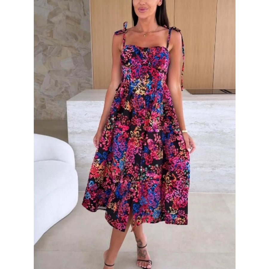 Printed Tie-Strap Midi Dress Black / S