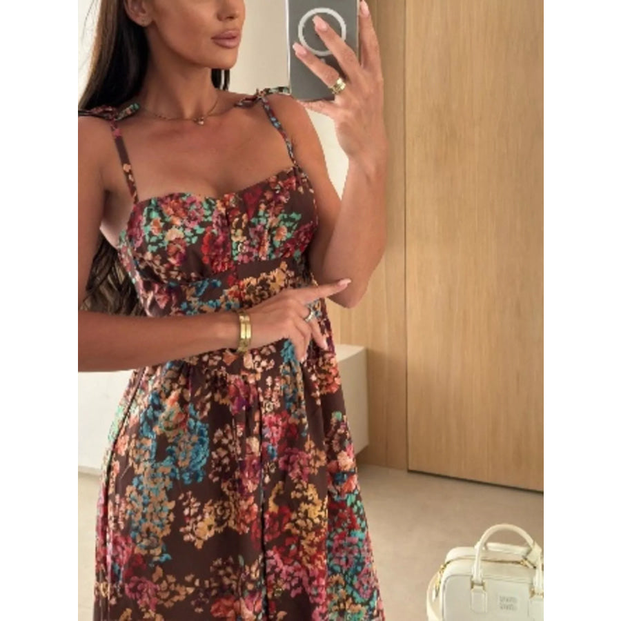 Printed Tie-Strap Midi Dress Brown / S