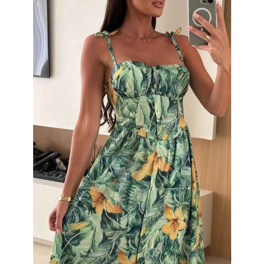 Printed Tie-Strap Midi Dress Matcha Green / S