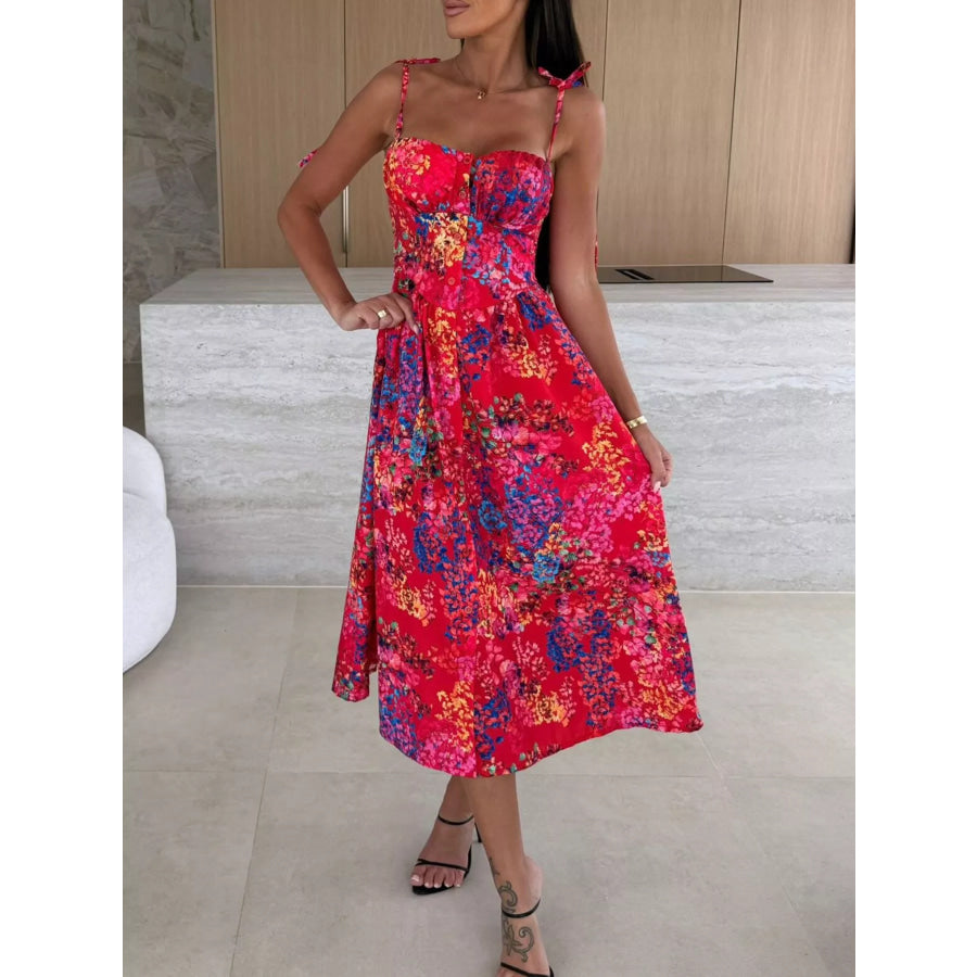 Printed Tie-Strap Midi Dress Scarlet / S