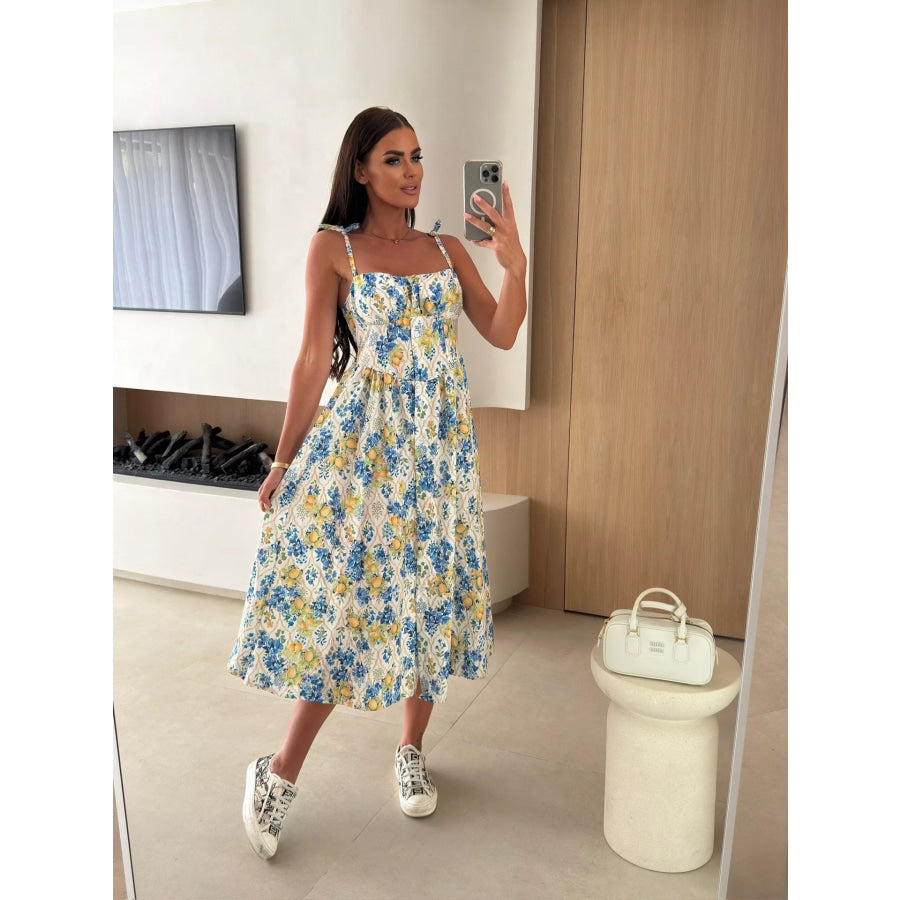 Printed Tie-Strap Midi Dress Sky Blue / S