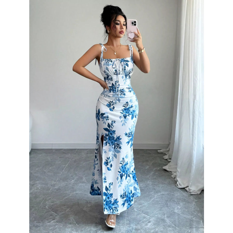 Printed Tie Strap Slit Maxi Dress Apparel and Accessories