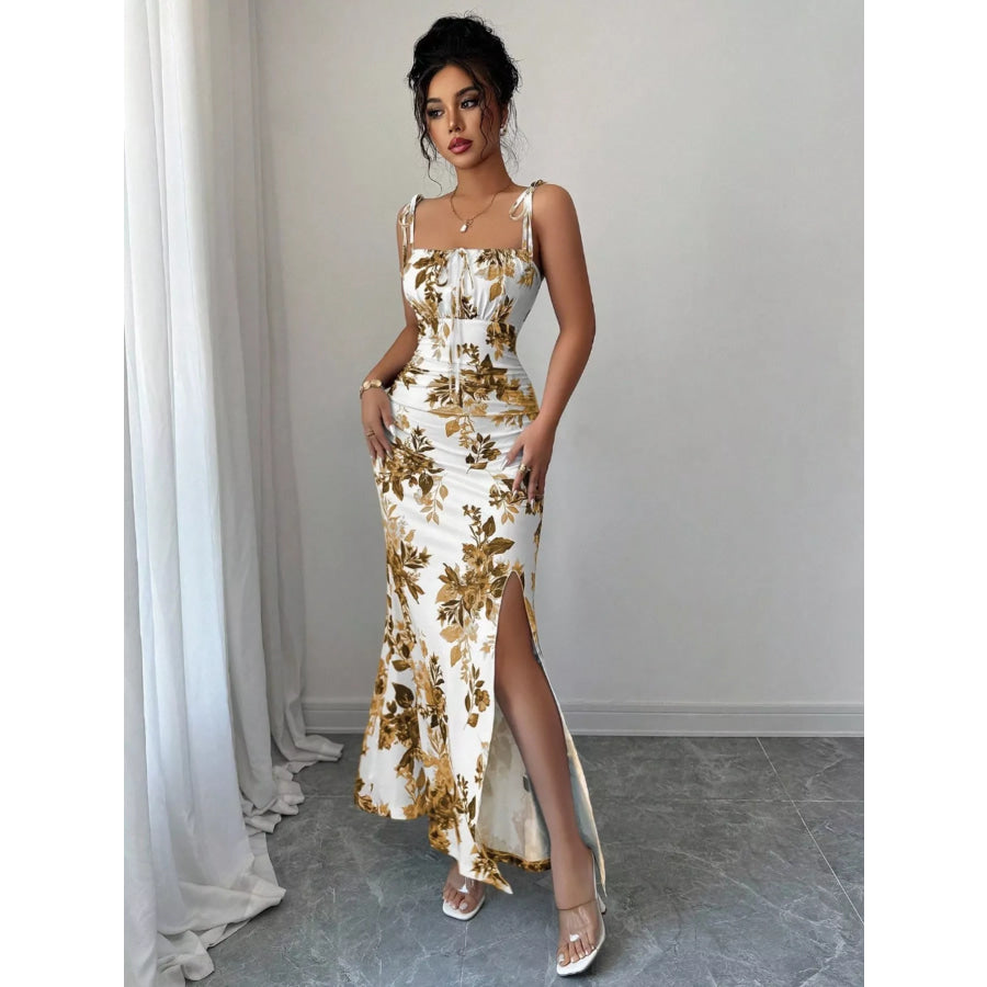 Printed Tie Strap Slit Maxi Dress Apparel and Accessories