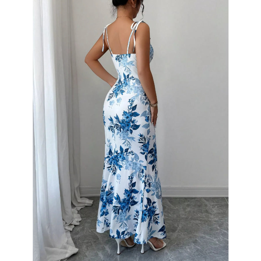 Printed Tie Strap Slit Maxi Dress Apparel and Accessories