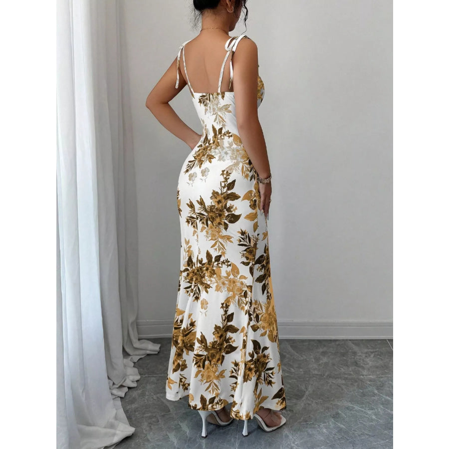 Printed Tie Strap Slit Maxi Dress Apparel and Accessories