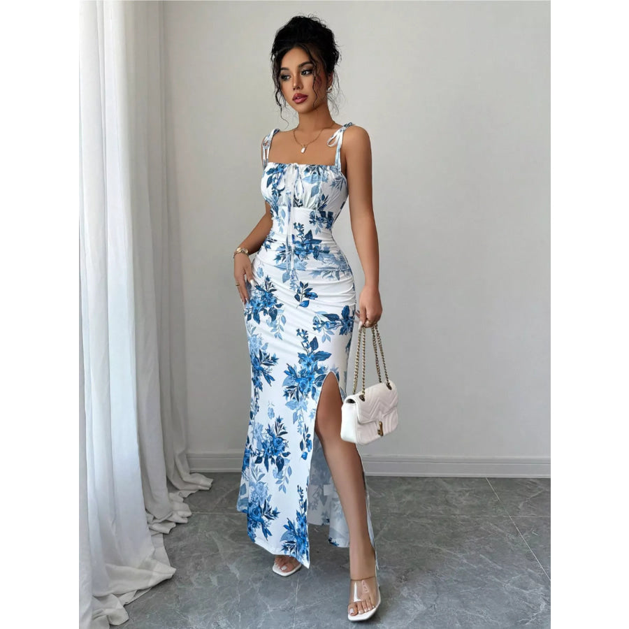 Printed Tie Strap Slit Maxi Dress Apparel and Accessories