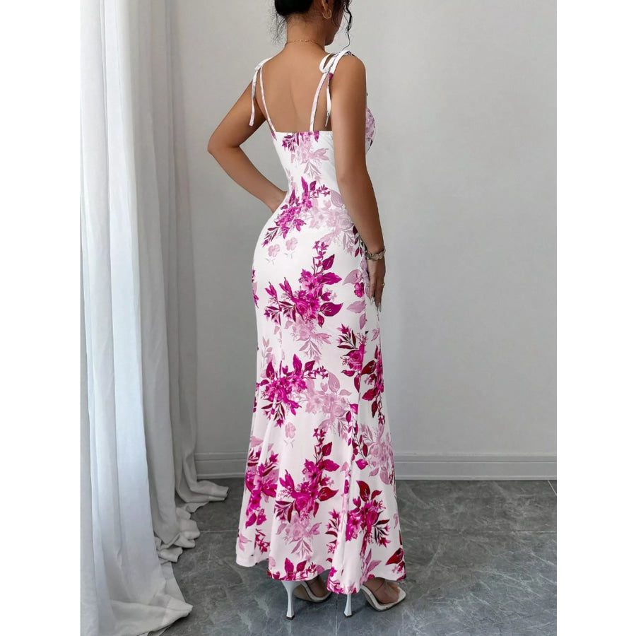 Printed Tie Strap Slit Maxi Dress Apparel and Accessories