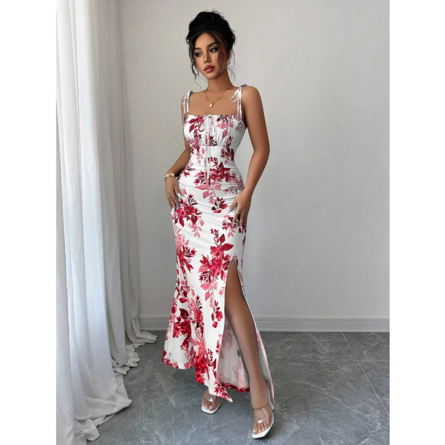 Printed Tie Strap Slit Maxi Dress Apparel and Accessories