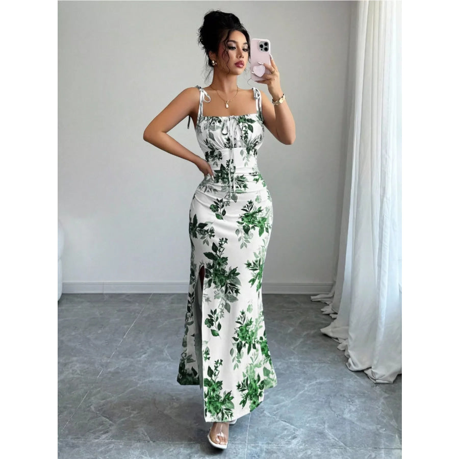 Printed Tie Strap Slit Maxi Dress Apparel and Accessories