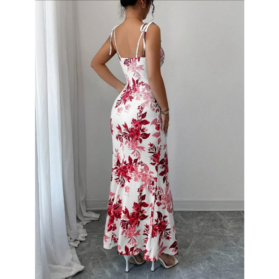 Printed Tie Strap Slit Maxi Dress Apparel and Accessories
