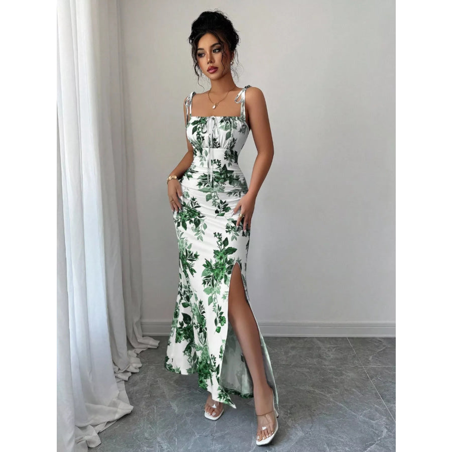 Printed Tie Strap Slit Maxi Dress Apparel and Accessories