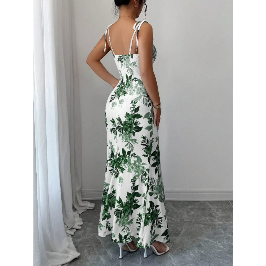 Printed Tie Strap Slit Maxi Dress Apparel and Accessories