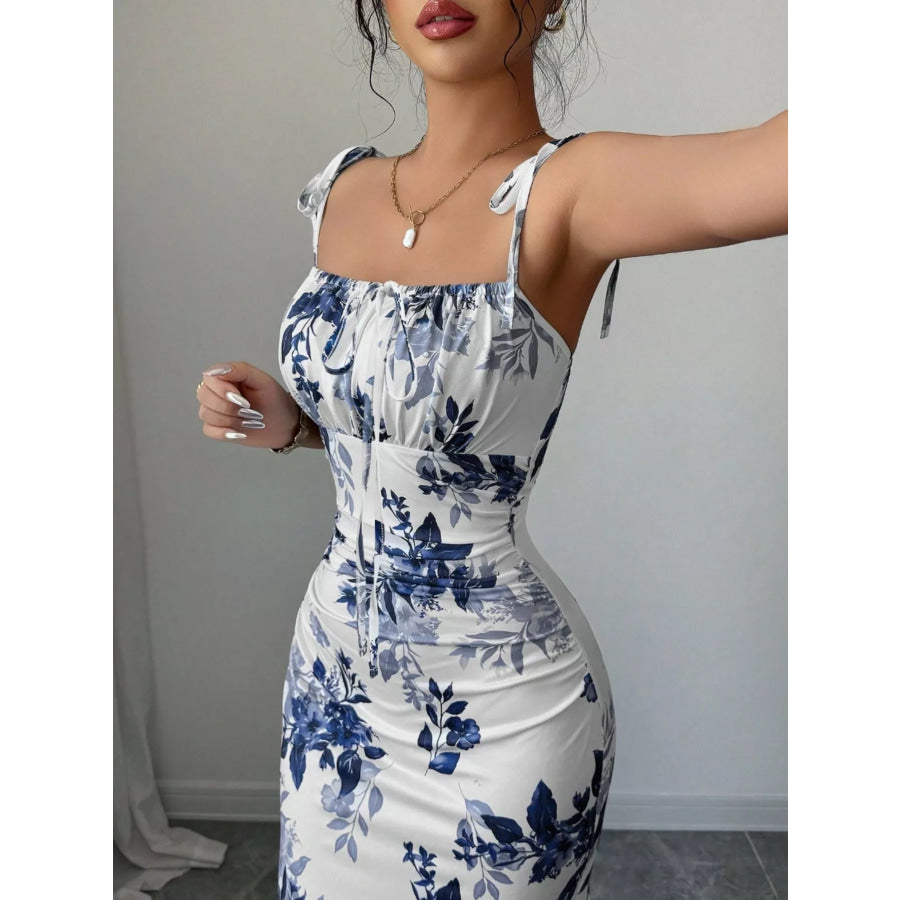 Printed Tie Strap Slit Maxi Dress Apparel and Accessories