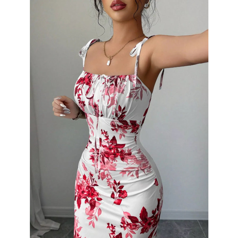 Printed Tie Strap Slit Maxi Dress Apparel and Accessories