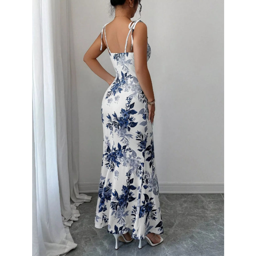 Printed Tie Strap Slit Maxi Dress Apparel and Accessories