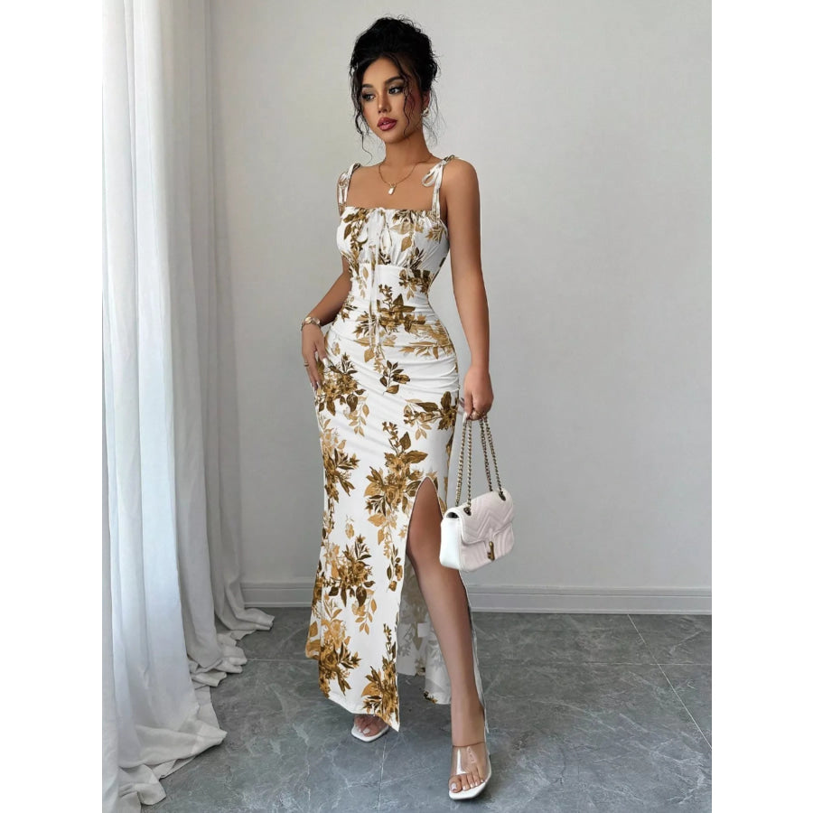 Printed Tie Strap Slit Maxi Dress Caramel / S Apparel and Accessories