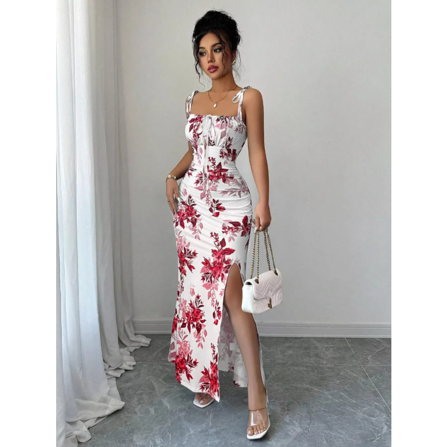 Printed Tie Strap Slit Maxi Dress Deep Red / S Apparel and Accessories
