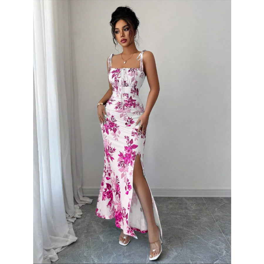 Printed Tie Strap Slit Maxi Dress Hot Pink / S Apparel and Accessories