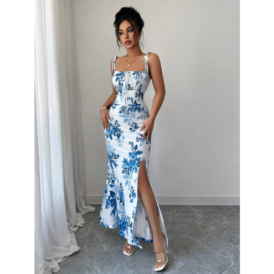 Printed Tie Strap Slit Maxi Dress Light Blue / S Apparel and Accessories