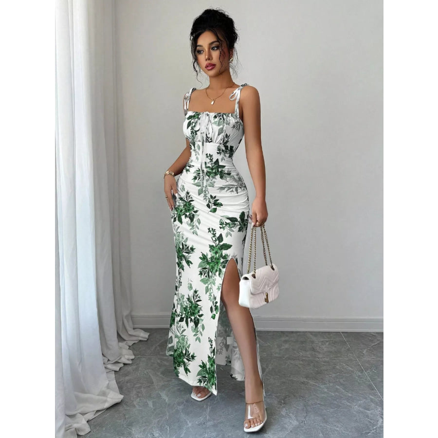 Printed Tie Strap Slit Maxi Dress Matcha Green / S Apparel and Accessories