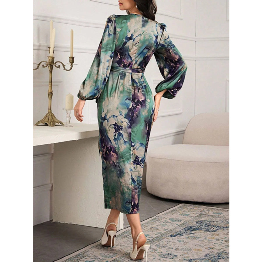 Printed Tie Waist Balloon Sleeve Dress Apparel and Accessories