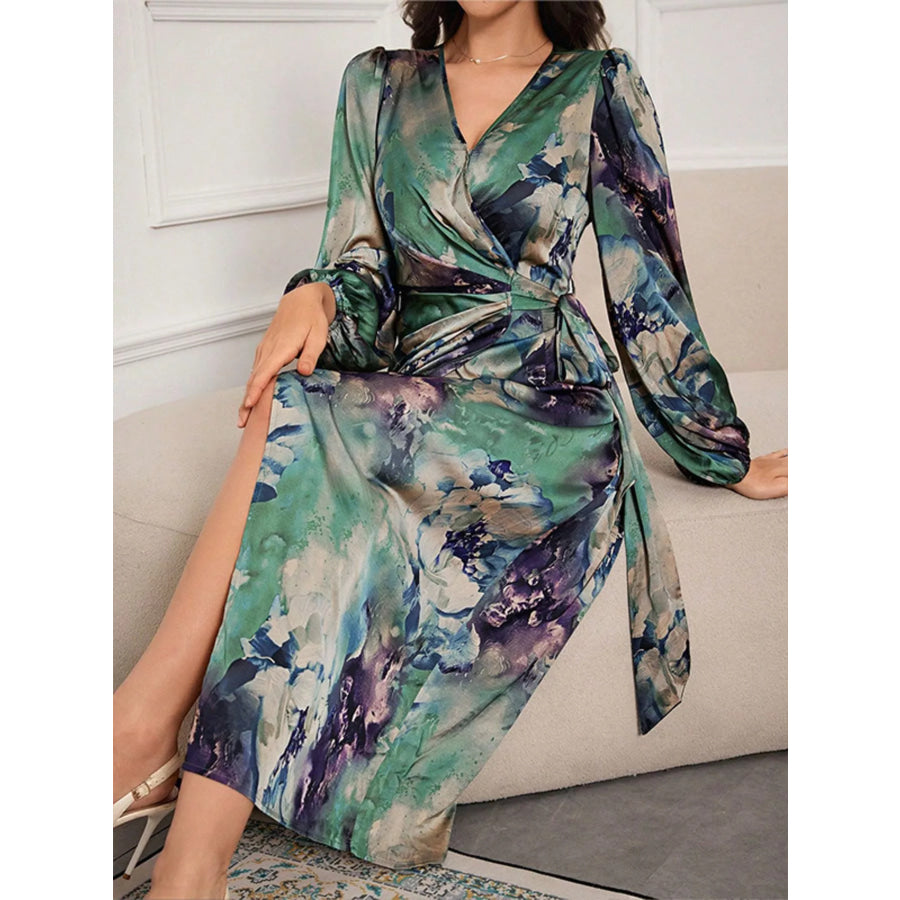 Printed Tie Waist Balloon Sleeve Dress Apparel and Accessories