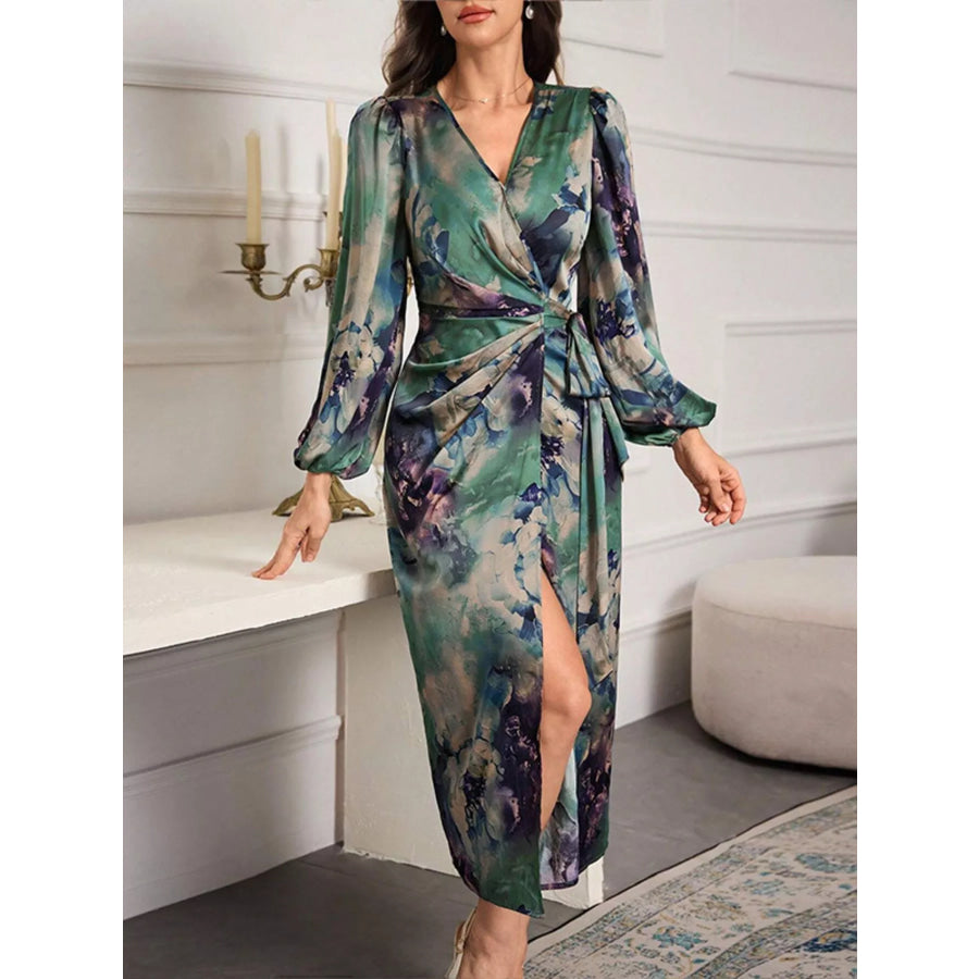 Printed Tie Waist Balloon Sleeve Dress Apparel and Accessories